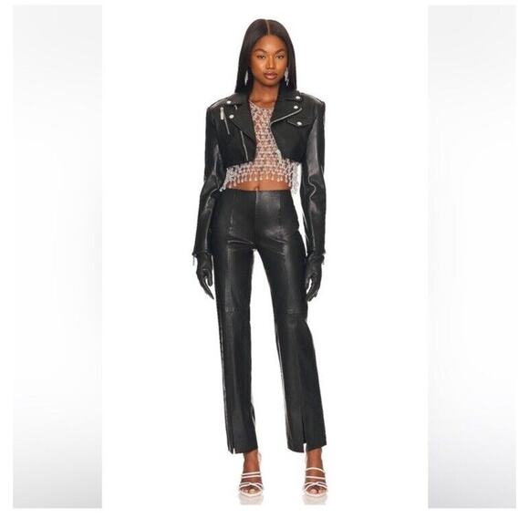 NEW Camila Coelho Sz M Cora Leather Straight Leg Pants Split Hem Black - Picture 1 of 13